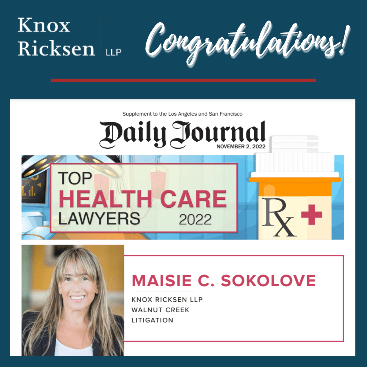 Maisie Sokolove Named a Top Health Care Lawyer of 2022 by Daily Journal